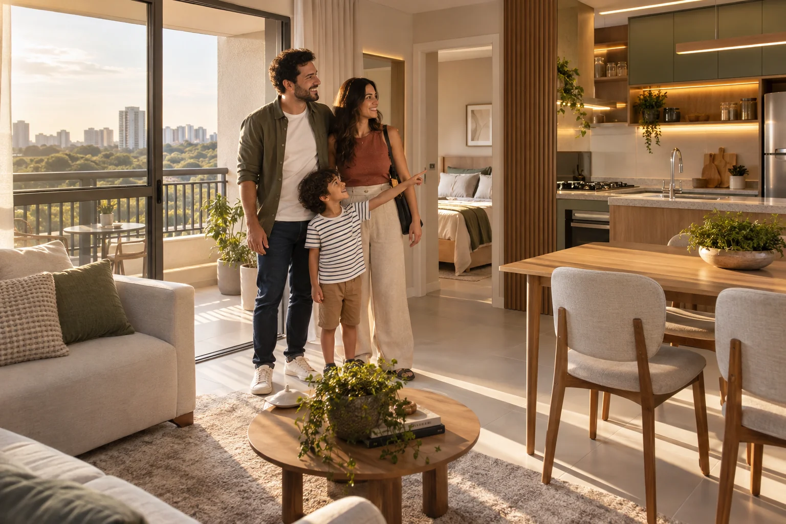 Família conhecendo os ambientes do apartamento