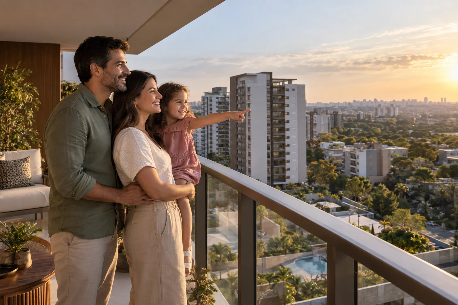 Família contemplando a vista da varanda